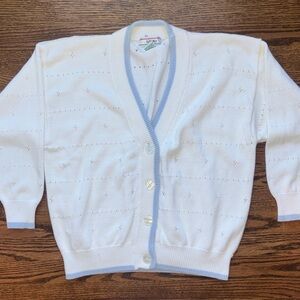 White Knit Cardigan with Light Blue Trim